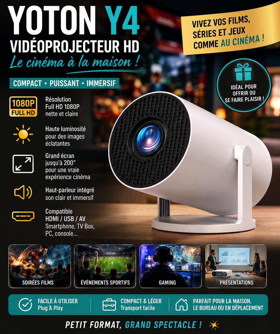 Vidéoprojecteur YOTON Y4 – Home Cinéma Compact – HDMI/USB – Films, Gaming & Sport