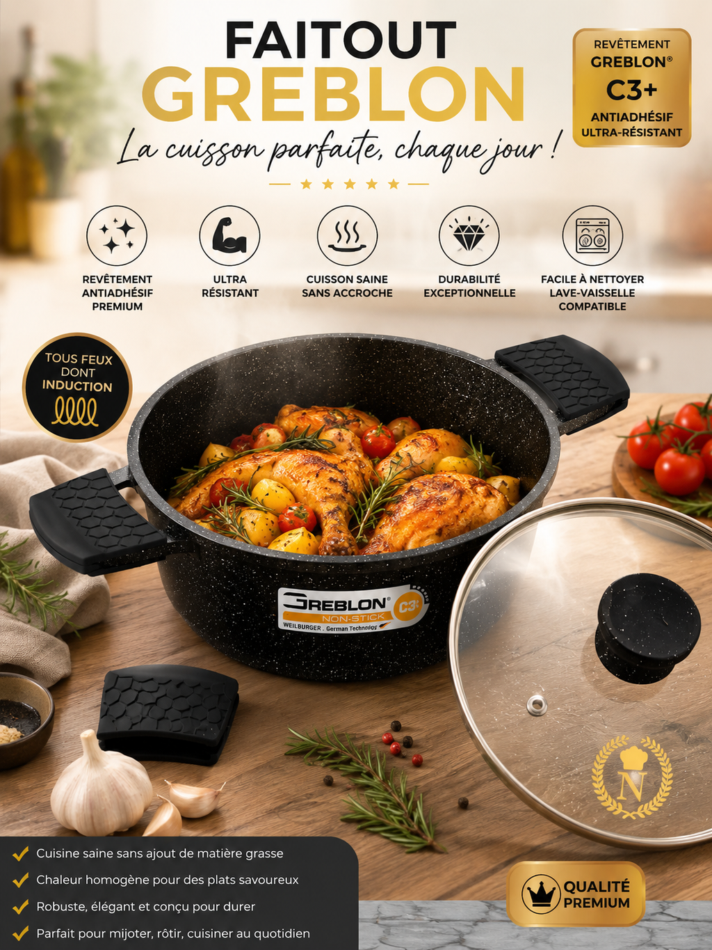🍲 Faitout Premium Greblon C3+ – Antiadhésif Effet Pierre & Tous Feux Induction