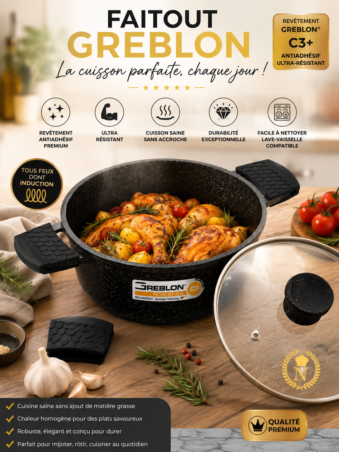 🍲 Faitout Premium Greblon C3+ – Antiadhésif Effet Pierre & Tous Feux Induction