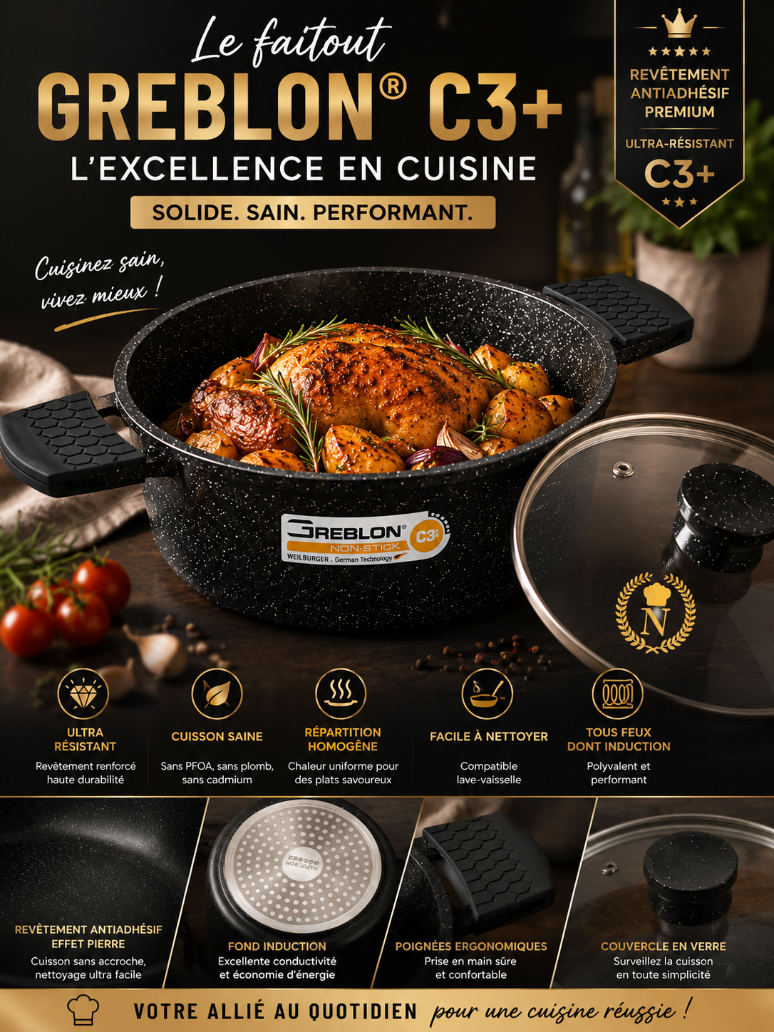 🍲 Faitout Premium Greblon C3+ – Antiadhésif Effet Pierre & Tous Feux Induction