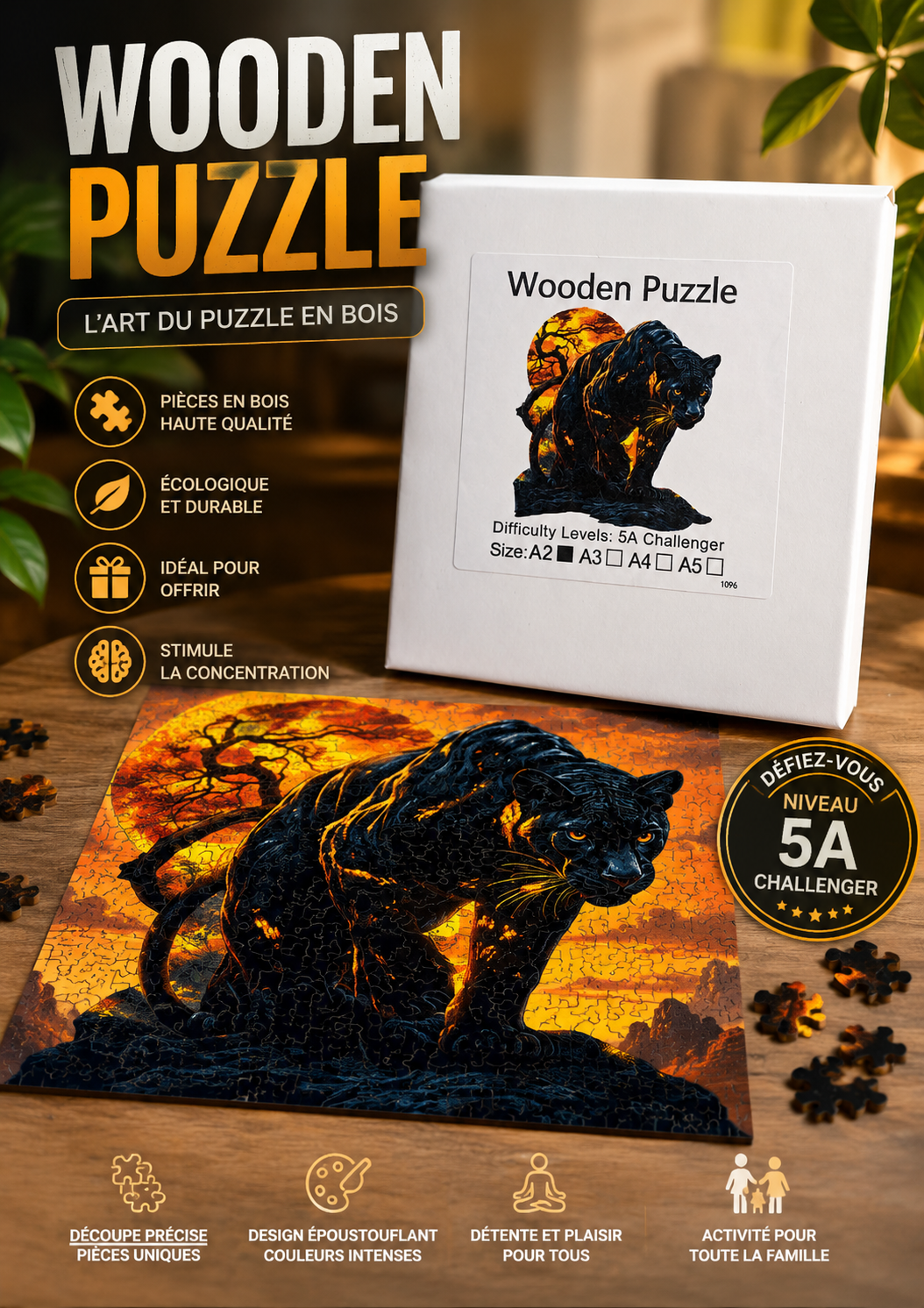 Puzzle en Bois Panthère Noire A2 – Niveau 5A Challenger | Défi & Décoration
