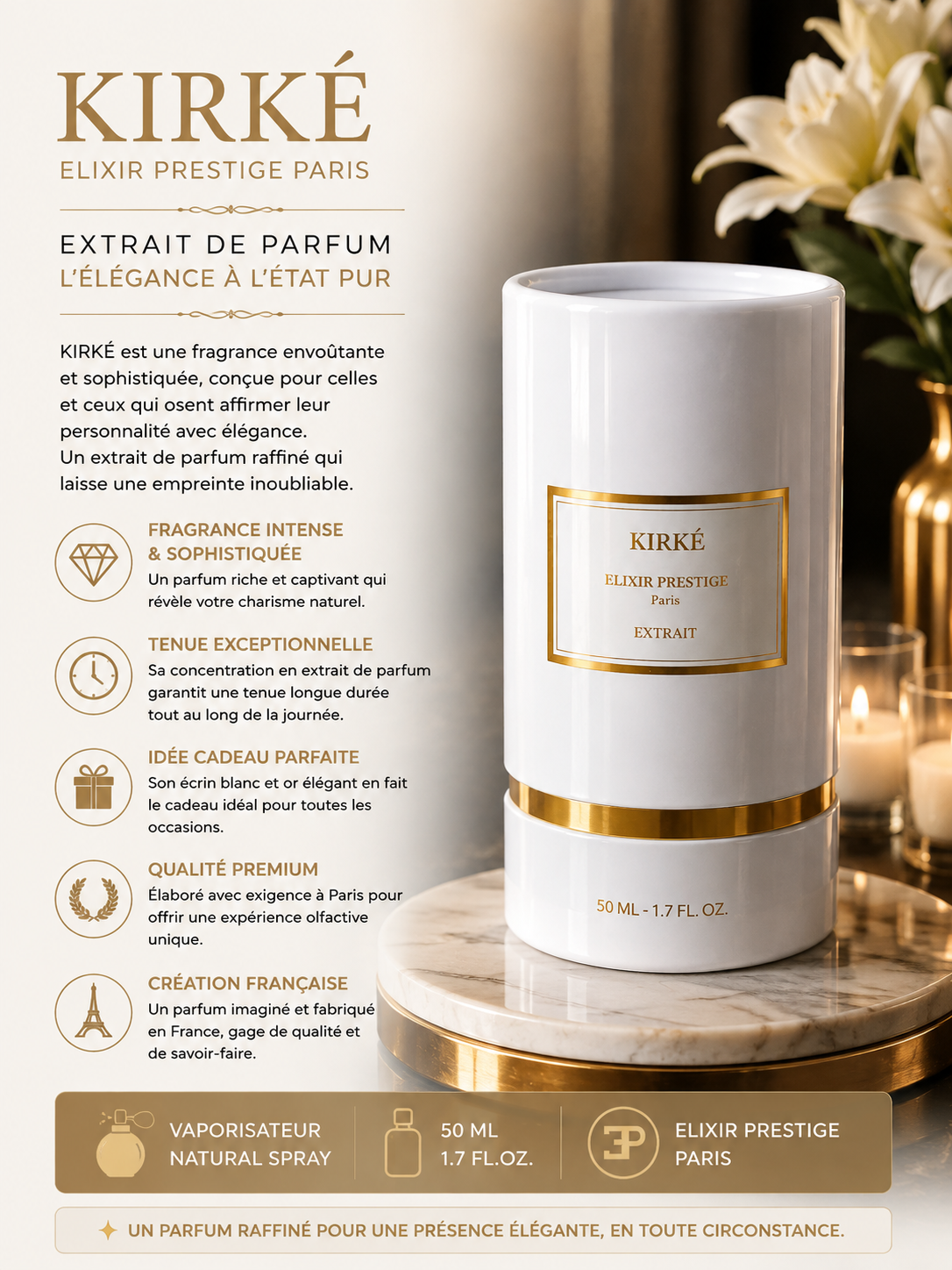 KIRKÉ – Elixir Prestige Paris – Extrait de Parfum 50 ml – Élégant & Raffiné