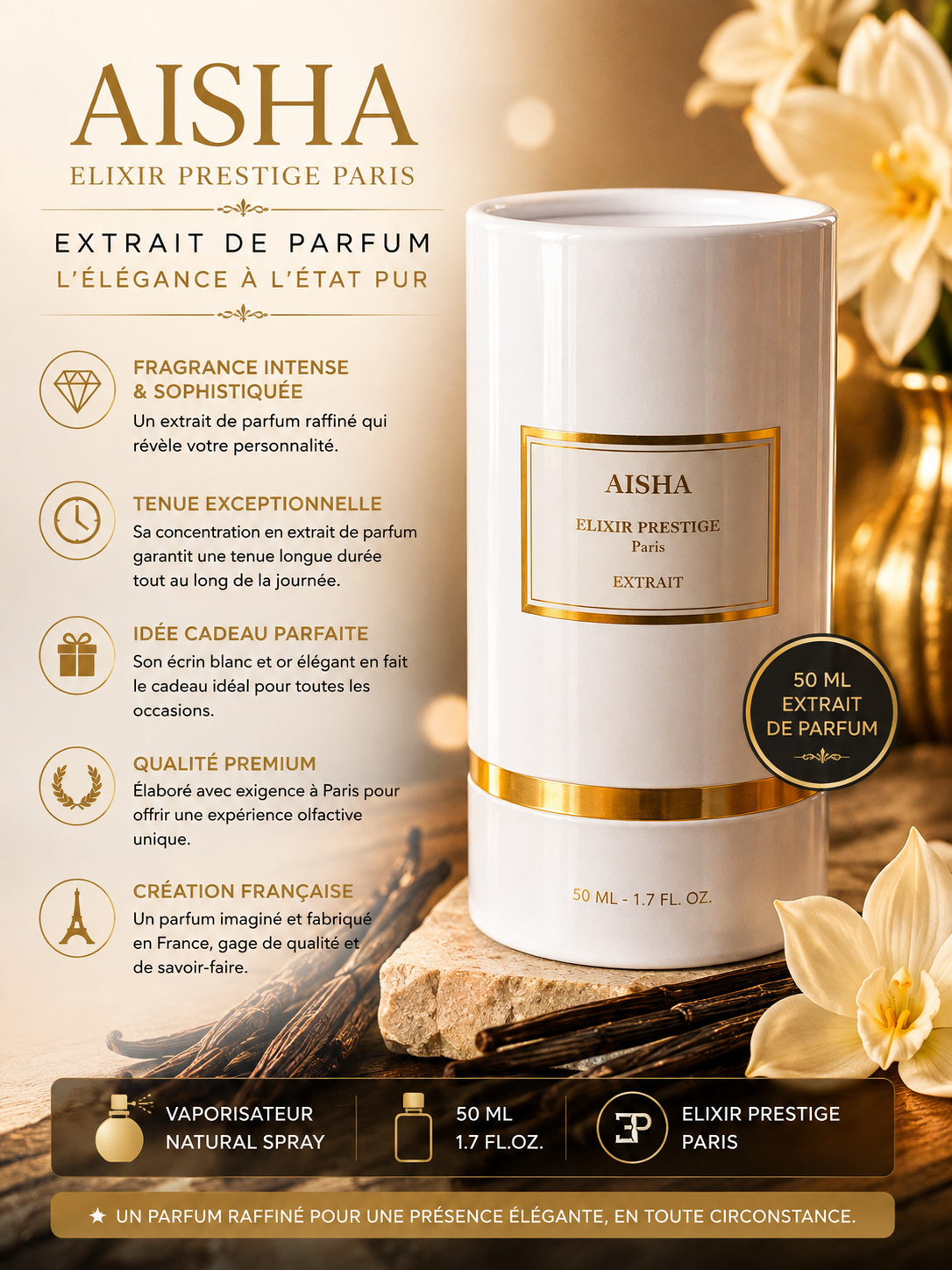 ✨ Aisha – Elixir Prestige Paris – Extrait de Parfum 50 ml – Élégance & Raffinement