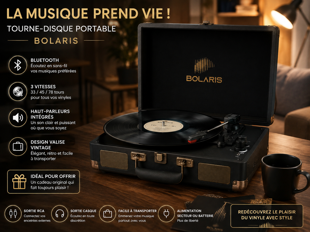 Platine Vinyle BOLARIS Bluetooth – Tourne-disque 3 vitesses style valise vintage