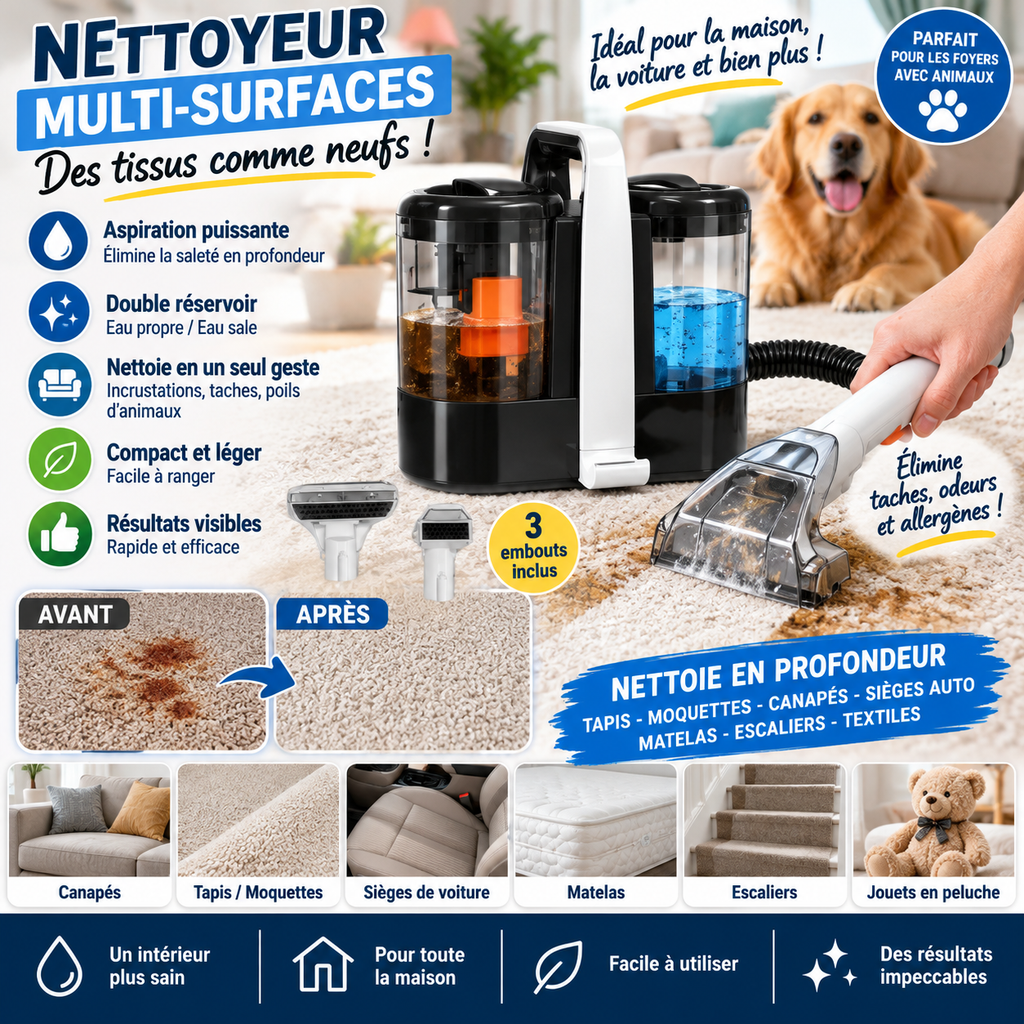 Shampouineuse portable 600 W pour tapis et canapé - La vie facile
