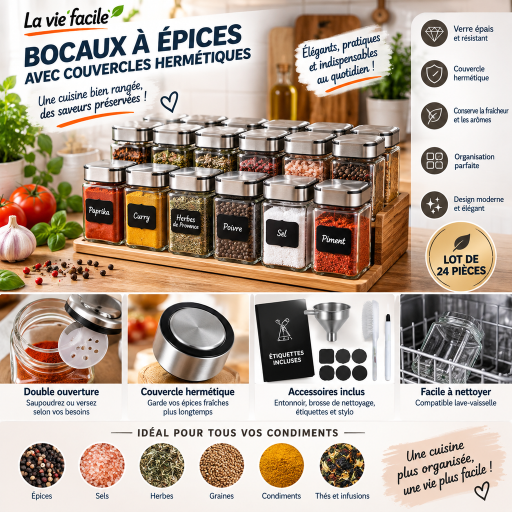Pots à épices en verre 120 ml – Lots de 12 ou 24 - La vie facile