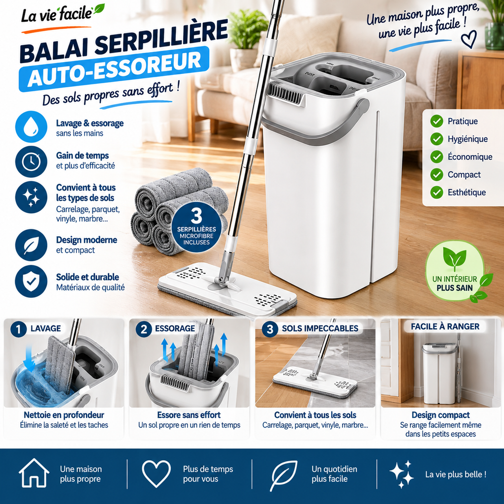 Balai serpillière avec seau auto-essorant - La vie facile