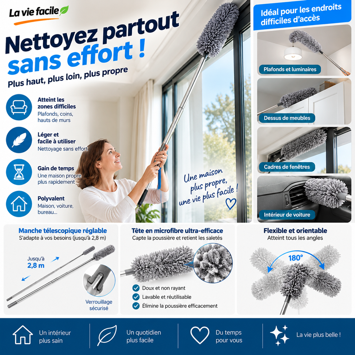 Plumeau microfibre télescopique à tête flexible - La vie facile