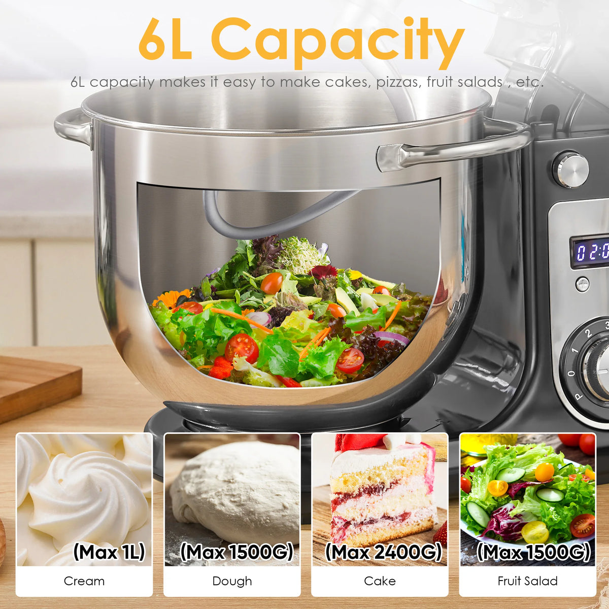 Robot pâtissier 1200 W – Bol 6 L et 6 vitesses