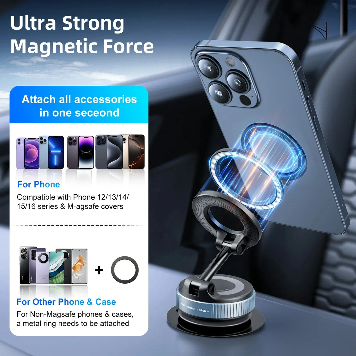 Support téléphone magnétique voiture à ventouse 360°