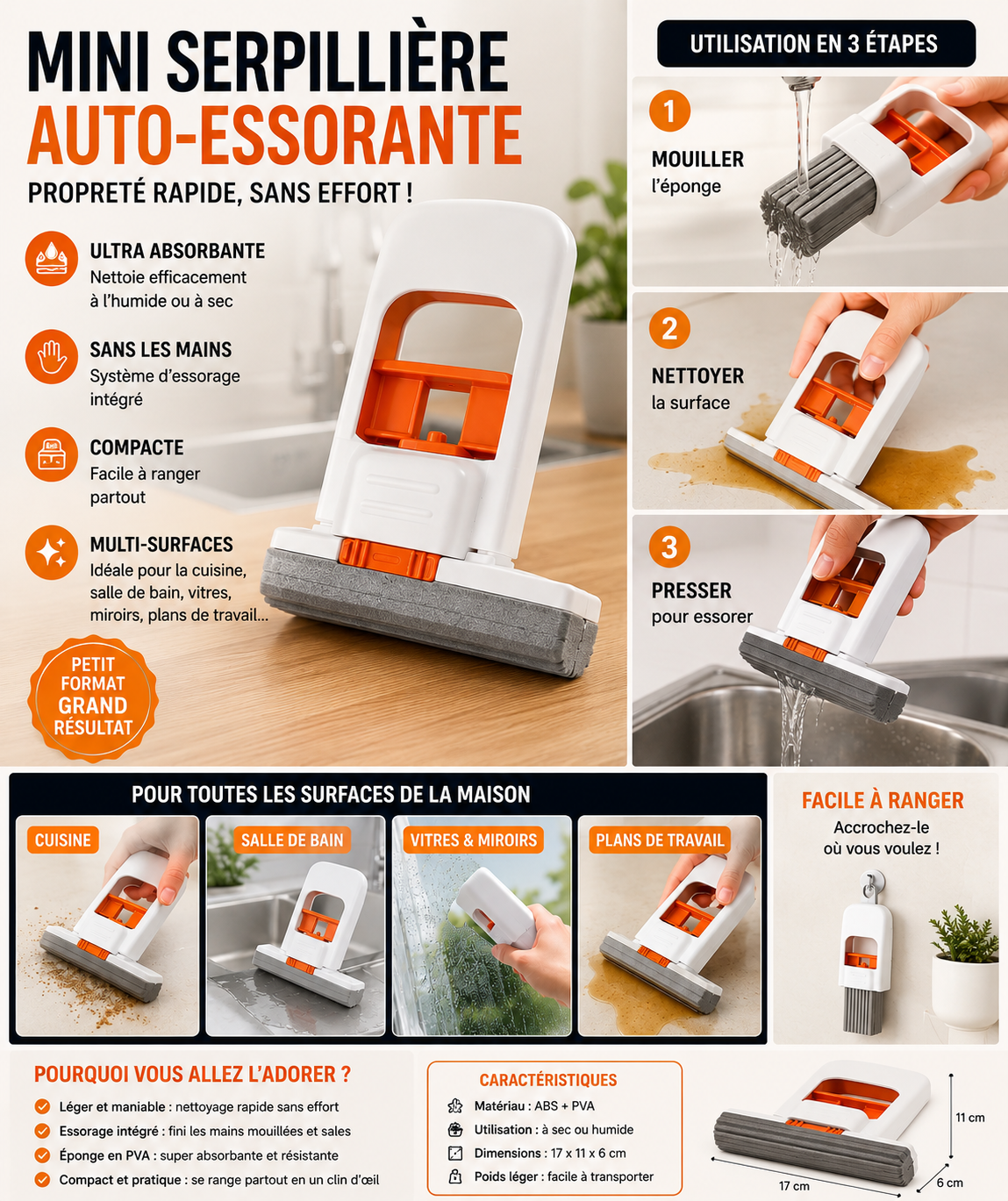 Mini serpillière auto-essorante à éponge PVA - La vie facile